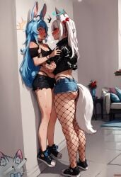 2girls ai_generated animal_ears animal_tail blue_hair blue_halo booty_shorts bunny_girl converse exposed_thong fishnets fox_girl hair_ornament kirsche_verstahl leather_jacket lifting_person long_hair looking_at_another meme nanobites pink_eyes shocked tail white_hair