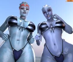 3d 3d_(artwork) alien_girl asari bigger_female bikini bikini_bottom bikini_top blender_(software) large_breasts larger_futanari liara_t'soni low-angle_view mass_effect samara skimpy_bikini smitty34 voluptuous voluptuous_female wide_hips