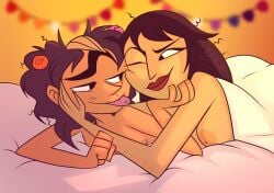 after_sex bed bed_head bedroom bisexual_(female) breasts canon_couple cleopatra cleopatra_smith clone_high frida_kahlo_(clone_high) hbo_max human interracial messy_hair morning_after naked not_furry pierced_tongue unknown_artist wholesome yuri