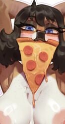 black_hair blue_eyes bonifasko breasts brown_fur deer_girl female food food_in_mouth furry furry_female huge_breasts lana_(bonifasko) looking_at_viewer original pizza pizza_slice solo upper_body