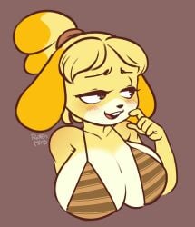 2023 absurd_res animal_crossing anthro big_breasts bikini blush breasts bust_portrait canid canine canis clothed clothing countershading domestic_dog female fur hair hair_bun half-closed_eyes hi_res huge_breasts isabelle_(animal_crossing) mammal narrowed_eyes nintendo portrait rxttenmind signature solo swimwear two-piece_swimsuit yellow_body yellow_fur