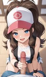 1girls ai_generated bare_arms baseball_cap black_vest blue_eyes brown_hair cap denim_shorts handjob hilda_(pokemon) kneeling kslgsnb long_hair looking_at_viewer looking_up on_knees open_mouth penis pixai pokeball pokemon pokemon_bw pokemon_bw2 ponytail pov seductive_smile shorts sleeveless thick_thighs thighs vest white_shirt wristband