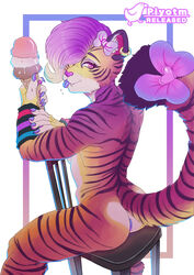 ambiguous_gender anthro anus ass bow chair claws dessert ear_piercing eyelashes fangs feline food girly ice_cream looking_back mammal nude piercing pink_eyes piyotm purple_hair sitting solo tiger tongue