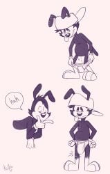 absurd_res animaniacs anthro balls big_bulge brother_(lore) bulge cartoon_physics clothing featureless_crotch genitals hat headgear headwear hi_res kcnite male mammal monochrome sibling_(lore) tongue underwear wakko_warner warner_brothers yakko_warner