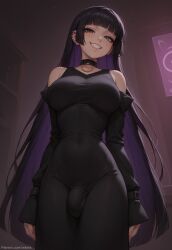 1futa 1futanari ai_generated ass bare_shoulders big_breasts big_penis black_clothing black_dress black_hair bocchi_the_rock! breasts bulge bulge_through_clothing collar dickgirl dress futanari gray_eyes grin grinning grinning_at_viewer hair long_sleeves looking_at_viewer looking_down makeup nightclub pa-san penis piercing purple_hair seductive seductive_eyes seductive_look seductive_mouth seductive_pose seductive_smile smile smiling smiling_at_viewer smooth_skin velonix