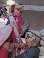 3d blender blowjob futanari hand_on_head hashimoto_kiriko itsmorti kiriko_(overwatch) mercy mirrorwatch oral_sex overwatch overwatch_2 pink_mercy