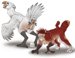 animal_genitalia avian beak bodily_fluids breasts chocobo claws cloaca digital_media_(artwork) duo egg egg_from_cloaca egg_from_mouth egg_laying eye_patch eyepatch eyewear feather_growth feathered_wings feathers feet female feral feral_transformation final_fantasy final_fantasy_xiv genitals growth humanoid humanoid_to_feral inner_ear_fluff mid_transformation miqote naked nipples nude open_mouth red_body red_eyes red_feathers simple_background species_transformation square_enix sweat tafferbutt talons toe_claws toes tongue transformation tuft udtf white_body white_eyes white_feathers wings