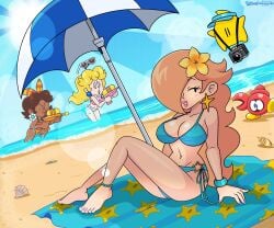 3girls beach big_breasts bikini breasts camera female female_only flower flower_on_head funnyhoohooman huckit_crab luma mario_(series) princess_daisy princess_peach princess_rosalina seashell sunglasses sunglasses_on_head tagme thighs umbrella visor water_gun