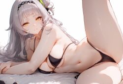 ai_generated bare_shoulders black_bra black_panties breasts closed_mouth female hololive long_hair looking_at_viewer lying meyro murasaki_shion navel panties silver_hair solo stomach thighs underwear underwear_only virtual_youtuber vtuber yellow_eyes