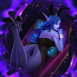 ass blue_hair clothed_female curvy curvy_ass curvy_body curvy_female curvy_figure curvy_hips curvy_thighs elf fishnets heels high_heels purple_eyes purple_skin thighs thismelancholic void_elf warcraft world_of_warcraft wow