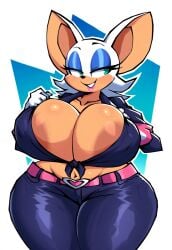 1girls ai_generated belt big_breasts breasts clothing crop_top female furry green_eyes hand_on_breast hips huge_breasts jeans lipstick lubbasdump makeup rouge_the_bat simple_background smirk smirking solo solo_female sonic_(series) thick_thighs wide_hips