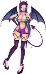 1girls belly belly_button big_breasts bra breasts cleavage clothing dress female female_focus female_only game_cg heels light_skin monster_girl monster_girl_dreams navel official_art solo standing succubus succubus_horns succubus_tail tagme