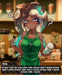 1girls bare_shoulders big_breasts big_hips blush cephalopod_humanoid confused dark-skinned_female female_focus headphones humanoid laz_gm marina_(splatoon) naked_apron nintendo nipples_visible_through_clothing splatoon