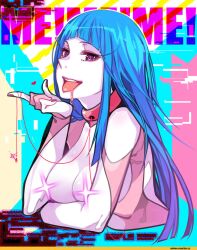 :d blue_hair breasts choker collar curryuku drooling female heart highres hime_cut lens_flare long_hair looking_at_viewer me!me!me! meme_(me!me!me!) open_mouth pale_skin saliva simple_background smile solo tagme tongue tongue_out violet_eyes