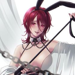 1girls angon623_(artist) behind_curtain big_breasts breasts bunny_ears chains curtains fingerless_gloves hiding_breasts leather lipstick looking_at_viewer machiato_(path_to_nowhere) nail_polish no_bra nude path_to_nowhere red_eyes red_hair white_background white_skin wip