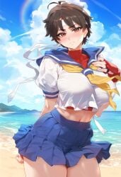 1girls ai_generated beach big_breasts breasts brown_eyes brown_hair female female_only headband kord_ai large_breasts sakura_kasugano school_uniform skirt street_fighter thick_thighs thunder_thighs voluptuous_female