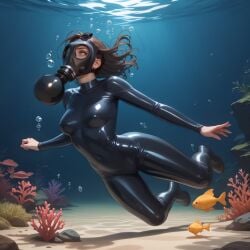 about_to_drown ai_generated air_bubble air_bubbles asphyxiation breathplay diving gas_mask gasmask latex latex_bodysuit nordslate rebreather rebreather_bag underwater
