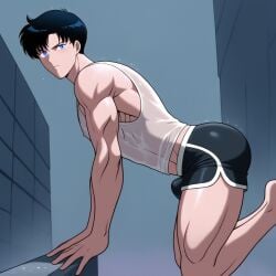 ai_generated athletic bishoujo_senshi_sailor_moon black_hair blue_eyes clothing etux male male_only mamoru_chiba pale_skin pinup profile profile_view sailor_moon shorts showing_off tuxedo_mask