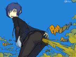 1boy ass belly bent_over big_belly bloated bloated_belly blue_hair bulge fart fart_cloud fart_fetish farting hand_on_ass makoto_yuki male male_fart male_only one_eye_closed persona persona_3 solo solo_male stomach_noises usagaijin wince