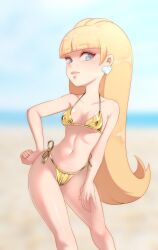 1girls belly big_breasts bikini bikini_bottom bikini_top blonde_hair blue_eyes bottomwear breasts cleavage diamond_earrings ear_piercing earrings female female_only gold_bikini gravity_falls h_space hair hand_on_hip hips lips long_hair pacifica_northwest solo solo_female swimwear thighs topwear wide_hips yellow_bikini