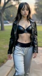 ai_generated bare_midriff big_forehead big_lips black_bra black_hair black_jacket blurred_background blurry_background bra brown_eyes brown_hair celebrity exposed_bra female forehead front_view hair jacket jenna_ortega large_forehead leather_bra leather_jacket lips long_hair long_sleeves looking_at_viewer open_jacket outside park photorealistic pink_lips realistic ribs seaart.ai skinny slim_waist solo standing thick_lips thin_waist track_pants white_fingernails white_nails