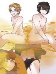 1girls 2boys ass big_ass black_hair blonde_hair brown_hair ensemble_stars! facesitting fart fart_cloud fart_fetish farting farting_in_face female femsub gasbox glasses male male_fart maledom sakuma_ritsu yuuki_makoto