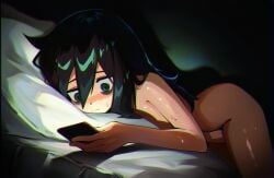 1girl ai_generated bags_under_eyes bed bed_sheet between_legs black_hair blush cellphone completely_nude dark_room elfgens female_masturbation green_eyes hair_between_eyes hand_between_legs head_on_pillow holding holding_phone kuroki_tomoko long_hair looking_at_phone lying masturbation messy_hair nude on_bed on_side on_stomach phone pillow self_upload shadow smartphone solo sweat watashi_ga_motenai_no_wa_dou_kangaetemo_omaera_ga_warui! white_pillow