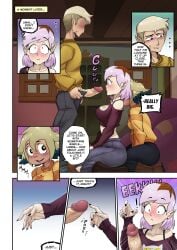 2d 2d_(artwork) 2d_artwork amity_blight ass basilisk blush breasts comic comic_page comic_panel elf english_text female hair hunter_(the_owl_house) lesbian_with_male male panels penis precum ruddyrzaq tagme the_amiter_secret the_owl_house thick_thighs touching touching_penis vee_(the_owl_house)