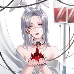 1girls angon623_(artist) behind_curtain blood blood_bag blood_drip bowtie breasts bunny_ears chains crystal curtains hiding_breasts lipstick long_hair looking_at_viewer medical_instrument medical_mask no_bra nude path_to_nowhere red_crystal victoria_(path_to_nowhere) white_background white_eyes white_hair white_skin