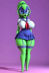 3d ai_generated anthro big_breasts blue_eyes blush female green_body green_skin leaf_hair peashooter_(pvz) plant_girl plants_vs_zombies ponytail pvz pvz_heroes sailor_uniform skirt solo thick_thighs thighhighs