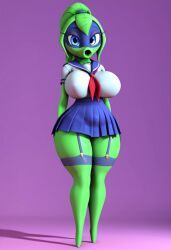 3d ai_generated anthro big_breasts blue_eyes blush female green_body green_shadow_(pvz) green_skin leaf_hair peashooter_(pvz) plant_girl plants_vs_zombies ponytail pvz pvz_heroes sailor_uniform skirt solo thick_thighs thighhighs