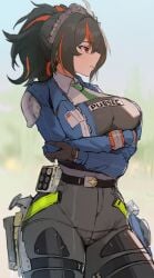 1girls arms_crossed big_breasts black_hair busty child_bearing_hips clothed cop crossed_arms dark_hair female female_only fully_clothed hips hoyoverse kataku_musou large_breasts light_skin mihoyo multicolored_hair police_officer police_uniform policewoman tagme thick thick_thighs thighs tied_hair tomboy wide_hips zenless_zone_zero zhu_yuan