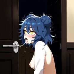 after_fellatio after_oral ai_generated bags_under_eyes blue_hair cum_in_mouth cum_on_breasts cum_trail door hair_buns open_mouth original_character peeping small_breasts tongue_out voyeurism