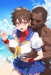 1boy 1girls ai_generated beach big_breasts black_hair breast_grab breasts brown_eyes brown_hair dark-skinned_male dark_skin female headband huge_breasts interracial kord_ai large_breasts sakura_kasugano school_uniform skirt straight street_fighter surprised thick_thighs tongue tongue_out voluptuous_female