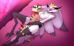 anthro_penetrated anthro_penetrating_anthro avian big_breasts bird_girl clawed_fingers coonfist cum_inside female helluva_boss long_legs male male/female pink_eyes sex size_difference stella_(helluva_boss) straight striker_(helluva_boss)