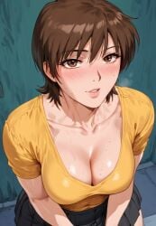 ai_generated blush breasts brown_eyes brown_hair cleavage female female_focus female_only fuyutsuki_azusa great_teacher_onizuka short_hair sweaty yellow_shirt