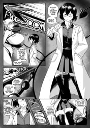 2d 2girls ass_expansion attribute_theft bra breast_expansion breast_reduction breast_theft button_gap button_pop comic comic_page demon_tail dialogue draining emmarrgus emotionless faceless_female greyscale growth growth_sequence labcoat onomatopoeia original_character role_reversal scientist size_difference size_stealing size_theft skinny tomiko_(emmarrgus) wardrobe_malfunction