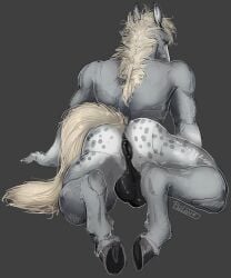 2024 anatomically_correct anatomically_correct_anus anthro anus balls blonde_hair blonde_mane blue_eyes dappled digital_media_(artwork) equid equine equine_anus facial_markings genitals grey_body hair head_markings hi_res hooves horse i-psilone jeremiah_(toomanyjs) leaning leaning_forward looking_at_viewer looking_back looking_back_at_viewer male mammal mane markings raised_tail signature simple_background solo tail yellow_tail