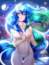 areolae blue_hair breasts deadphoenx earth-chan female female_only looking_at_viewer nail_polish nipples nude pubic_hair pussy solo