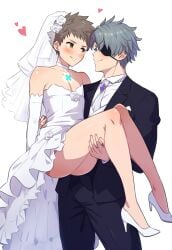 2boys ai_generated bare_legs blush carrying_person chest_jewel core_crystal_(xenoblade) couple crossdressing deep_skin hand_on_another's_thigh happy heart high_heels looking_at_another mature_male nsfw otoko_no_ko princess_carry rex_(xenoblade) robofun size_difference smile suit wedding wedding_dress white_footwear wholesome xenoblade_chronicles_2 yaoi zeke_von_genbu_(xenoblade)