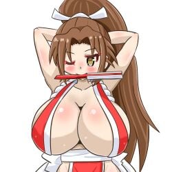 1girls big_breasts big_breasts biting breasts breasts brown_eyes brown_hair clothed fan female hair_ornament hands_behind_head hands_up huge_breasts japanese japanese_clothes king_of_fighters light-skinned_female light_skin long_hair looking_down mai_shiranui one_eye_closed voluptuous voluptuous_female