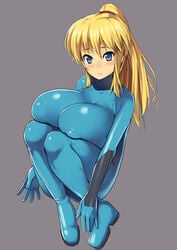 bad_id bad_pixiv_id blonde_hair blue_eyes bodysuit breasts female huge_breasts knees_to_chest metroid nagase_haruhito nintendo ponytail samus_aran solo zero_suit zero_suit_samus