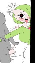 1boy 1girls against_wall anthro female female_pokemon gardevoir generation_3_pokemon hair_over_one_eye heart-shaped_pupils human_male human_on_anthro interspecies male_human/female_pokemon nintendo pokemon pokemon_(species) pokephilia short_hair text thick_thighs tongue_out torn_clothing