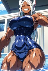 ai_generated big_breasts boku_no_hero_academia breasts dark-skinned_female dark_skin female huge_breasts in_pool in_water kemonogirls large_breasts long_hair mature_female milf mirko miruko muscle_mommy muscles muscular muscular_female my_hero_academia one-piece_swimsuit pool rumi_usagiyama school_swimsuit shonen_jump smile white_hair