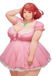 ai_generated arm_up chest_jewel chubby cleavage core_crystal_(xenoblade) fat fat_face female frills pink_dress pose puffy_short_sleeves pyra pyra_(xenoblade) red_hair robofun smile thick_arms thick_thighs xenoblade_chronicles_2