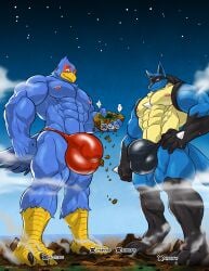 absurd_res anthro avian big_bulge bird blue_body blue_fur bulge canid canine city clothing cloud death_count destruction detailed_bulge digitigrade duo falco_lombardi fur generation_4_pokemon genital_outline genitals giga hi_res huge_bulge landscape_dwarfing lucario macro male mammal muscular muscular_anthro muscular_male nintendo nipples pecs pokemon pokemon_(species) smile smoke speedo spines star_fox stomping swimwear tail wfa