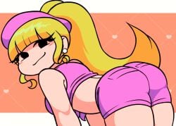 blonde_hair cocothemunchkin cosplay crop_top dixie_kong dixie_kong_(cosplay) donkey_kong_(series) earrings friday_night_funkin girlfriend_(friday_night_funkin) looking_at_viewer looking_back looking_back_at_viewer pink_shorts shorts tagme