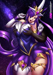 big_breasts league_of_legends lord_dominik purple_hair star_guardian star_guardian_series star_guardian_syndra syndra tongue_out zed