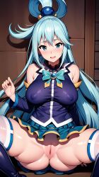 ai_generated aqua_(konosuba) ass ass big_ass big_breasts big_butt blue_eyes blue_hair breasts clothing embarrassed konosuba mature_female nipples pussy skirt solo spread_legs vulva white_stockings