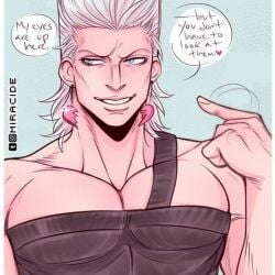 breasts earrings english_text i_am_looking_directly_at_it jean_pierre_polnareff jojo's_bizarre_adventure lowres male_only man_tits manboobs miracide muscular_male my_eyes_are_up_here pecs pointing silver_hair stardust_crusaders text